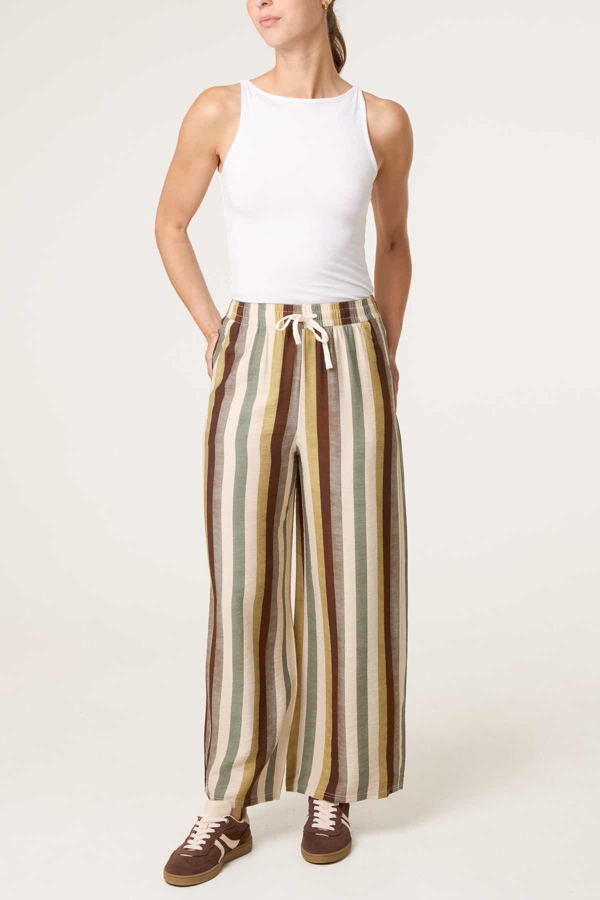 Striped Shirred Waist Wide Leg Trouser