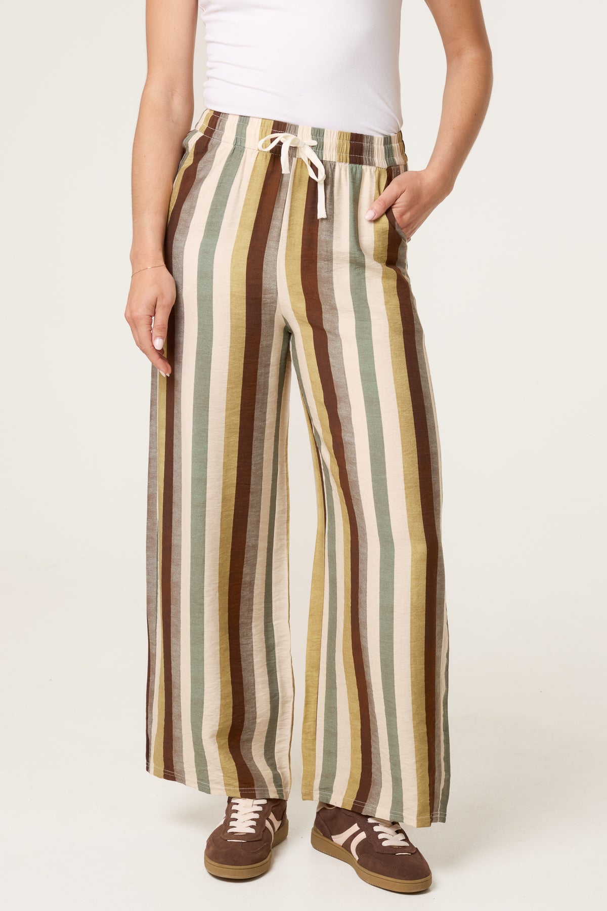 Striped Shirred Waist Wide Leg Trouser