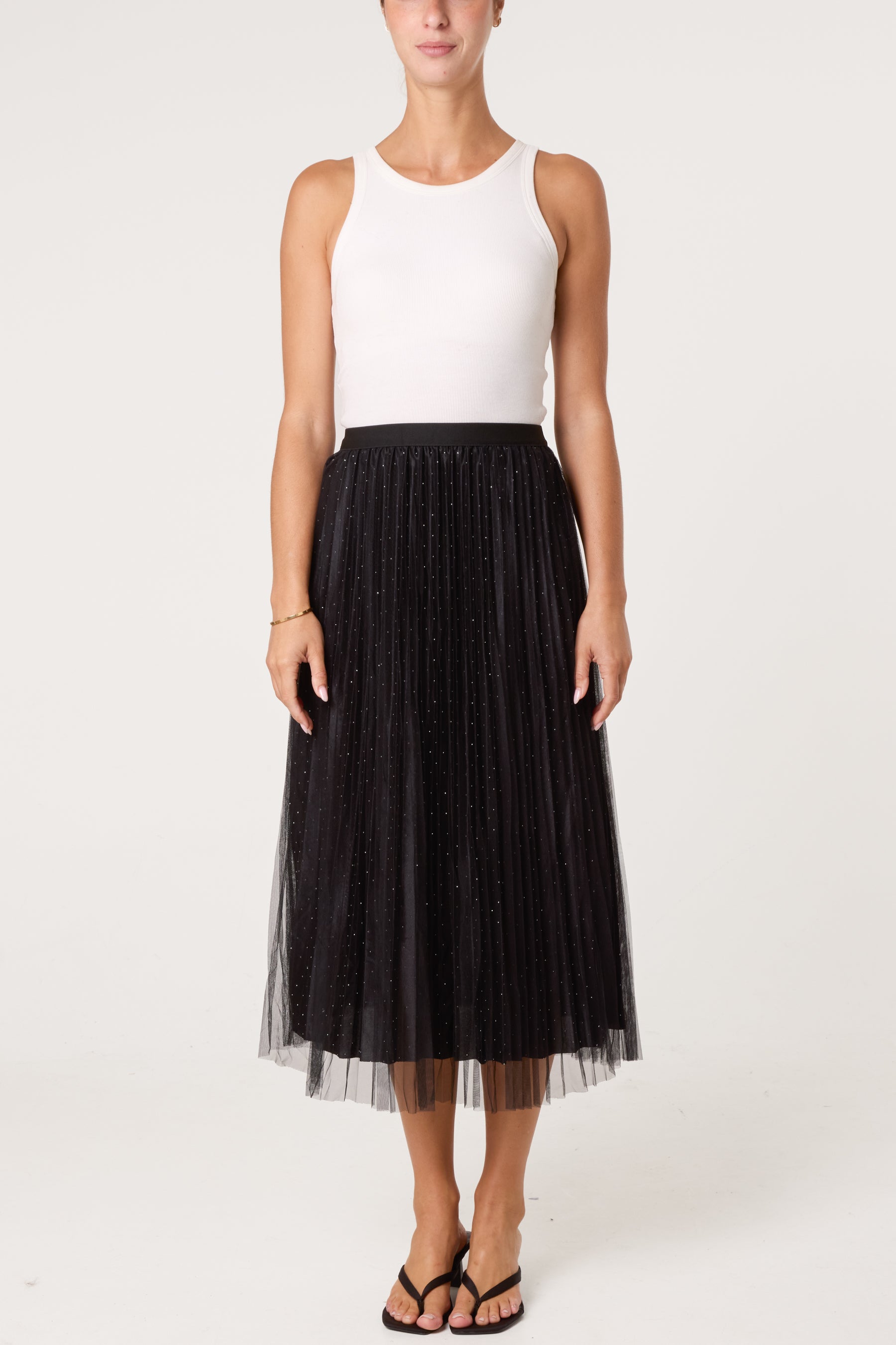 Diamante Embellished Mesh Midi Skirt