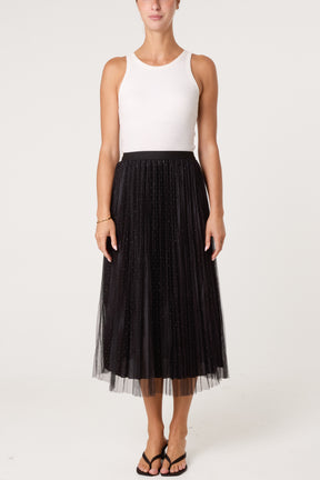 Diamante Embellished Mesh Midi Skirt
