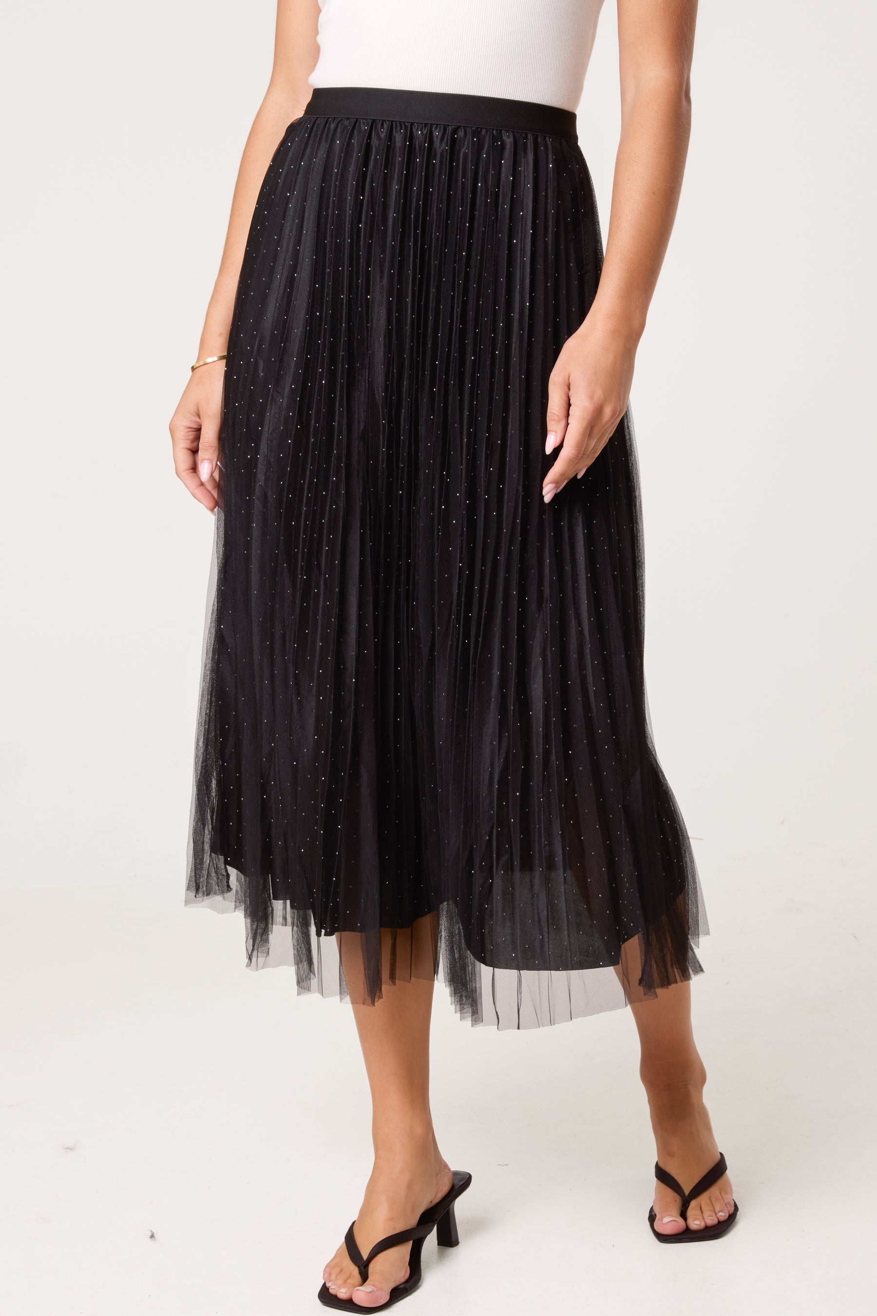 Diamante Embellished Mesh Midi Skirt