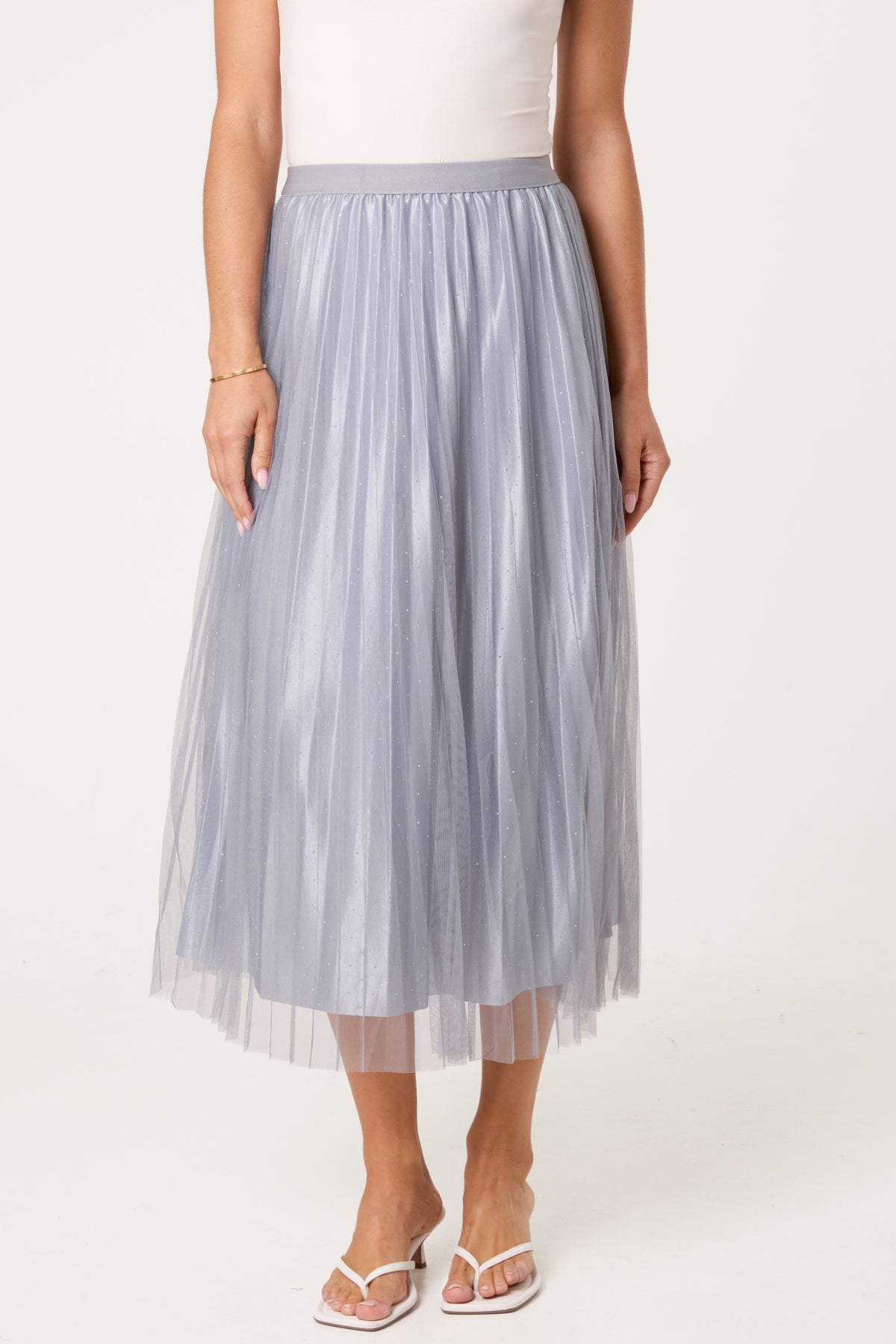 Diamante Embellished Mesh Midi Skirt