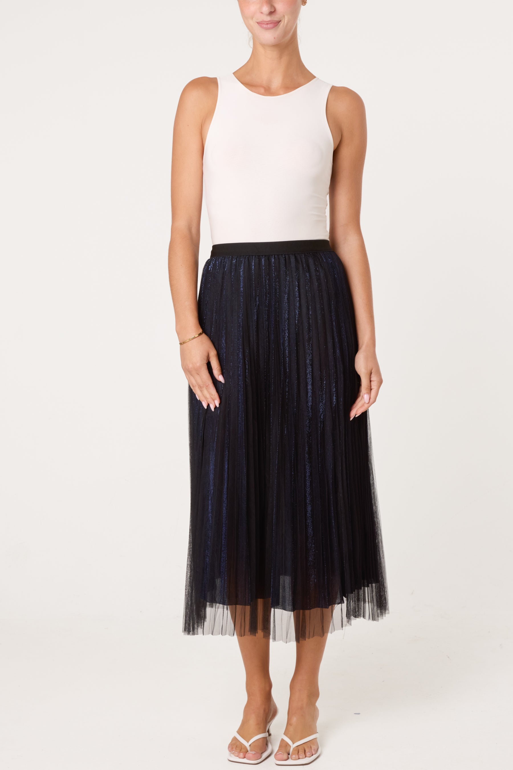 Metallic Chiffon Pleated Midi Skirt