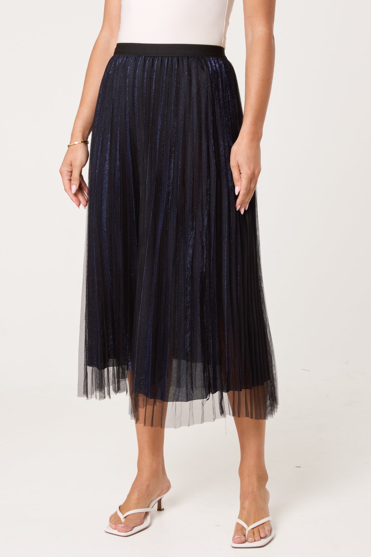 Metallic Chiffon Pleated Midi Skirt