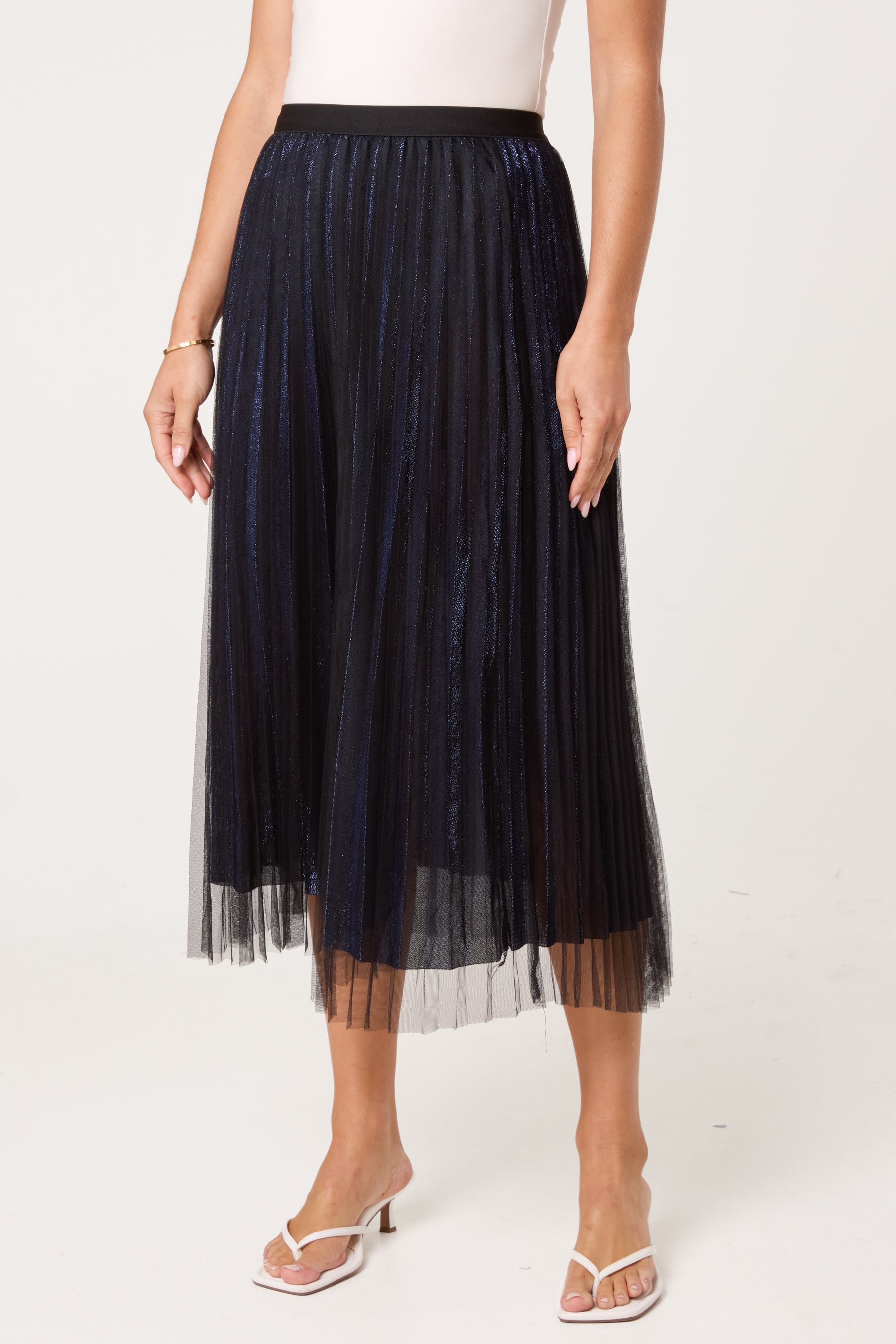 Metallic Chiffon Pleated Midi Skirt