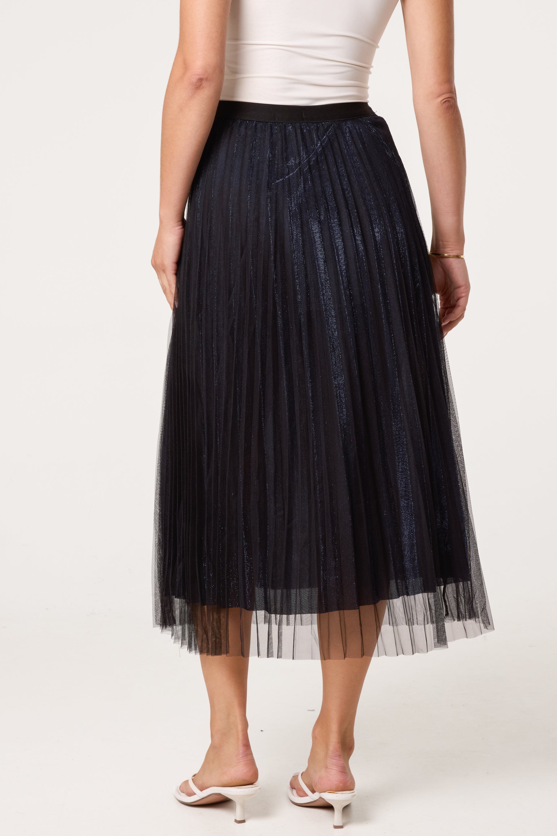 Metallic Chiffon Pleated Midi Skirt