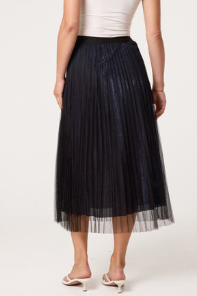 Metallic Chiffon Pleated Midi Skirt