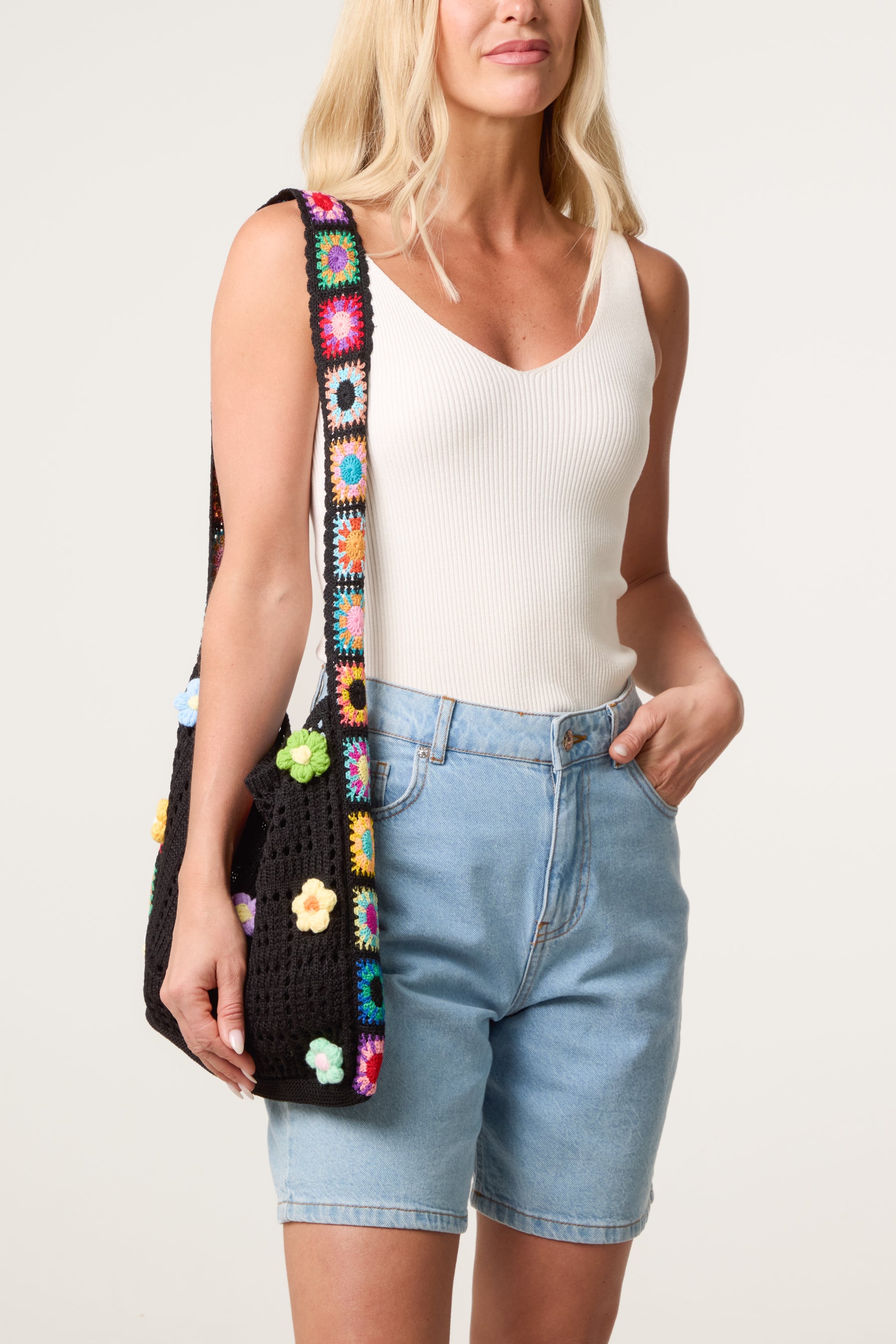 3D Border Flower Crochet Tote Bag