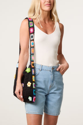 3D Border Flower Crochet Tote Bag
