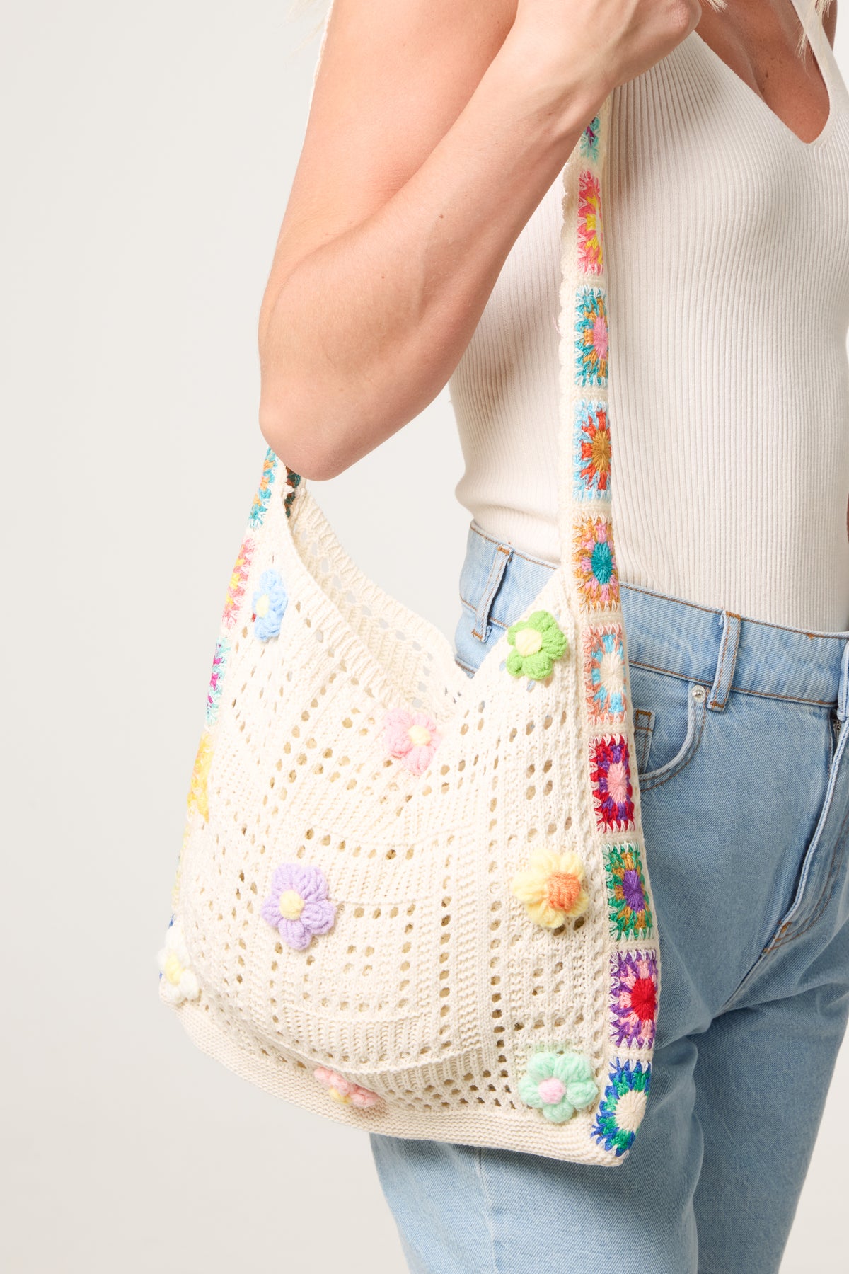 3D Flower & Border Crochet Tote Bag