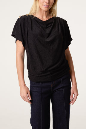Gold Button Detail Cowl Neck Top