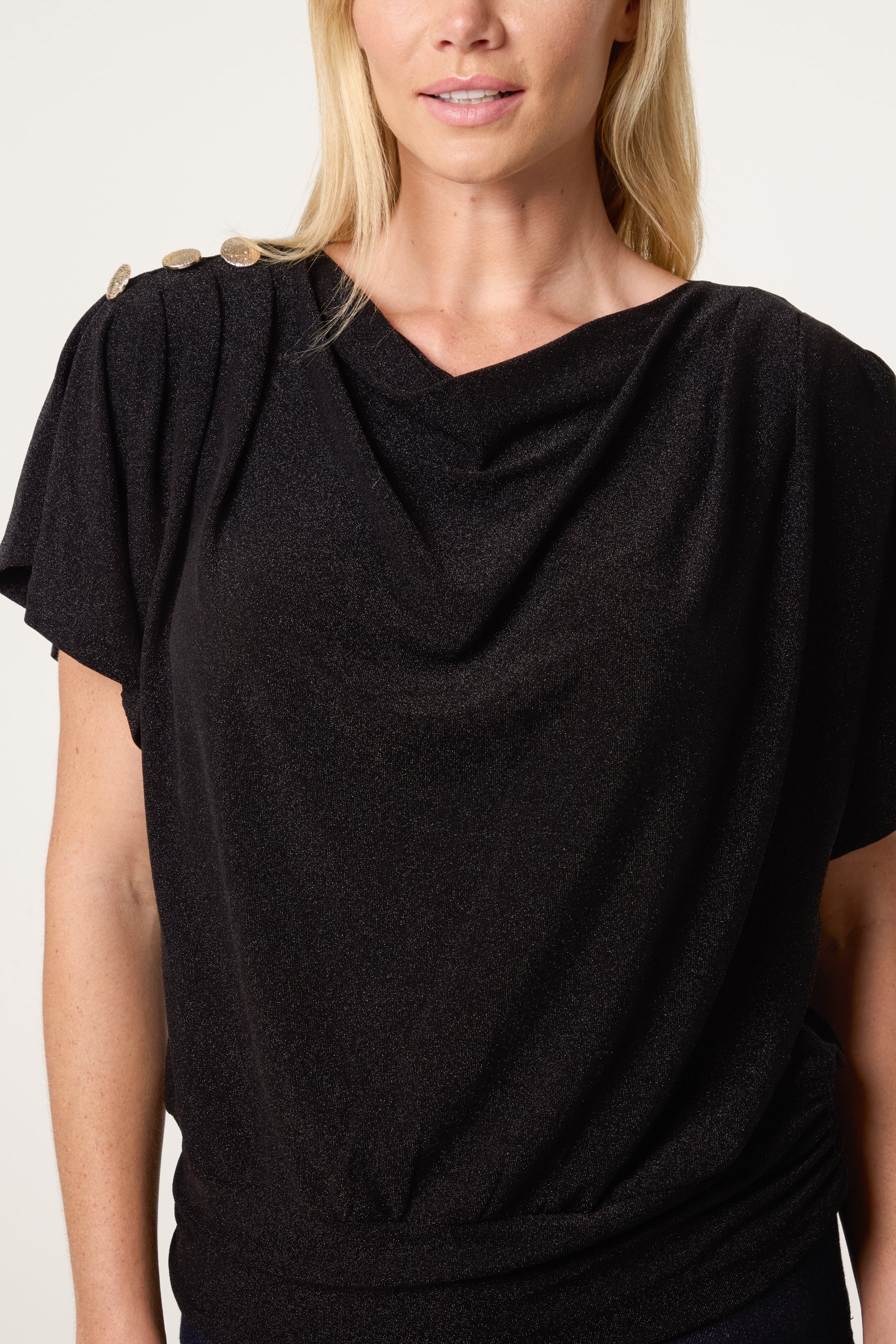 Gold Button Detail Cowl Neck Top
