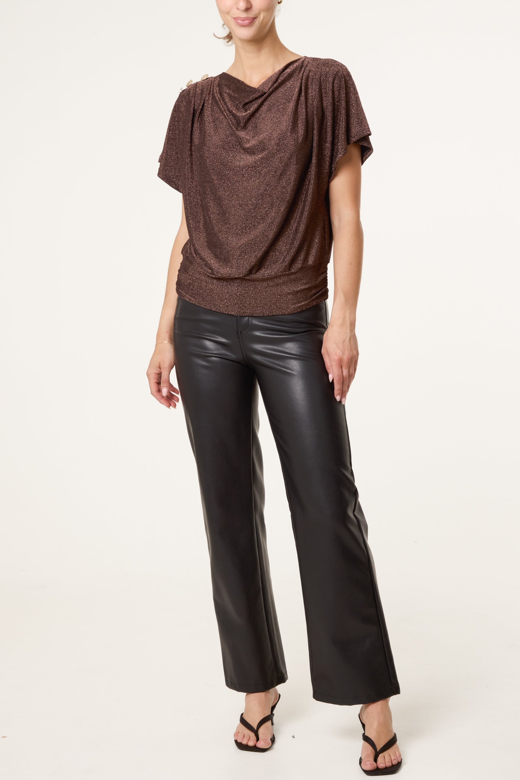 Gold Button Detail Cowl Neck Top