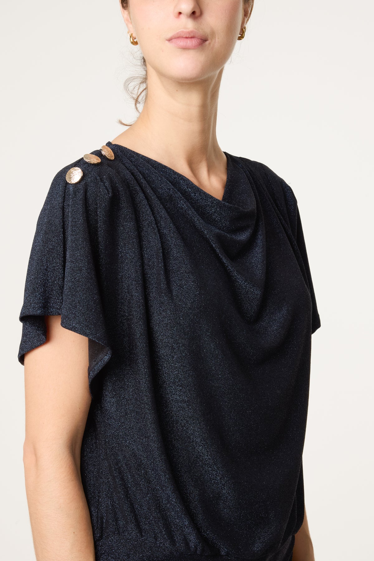 Gold Button Detail Cowl Neck Top
