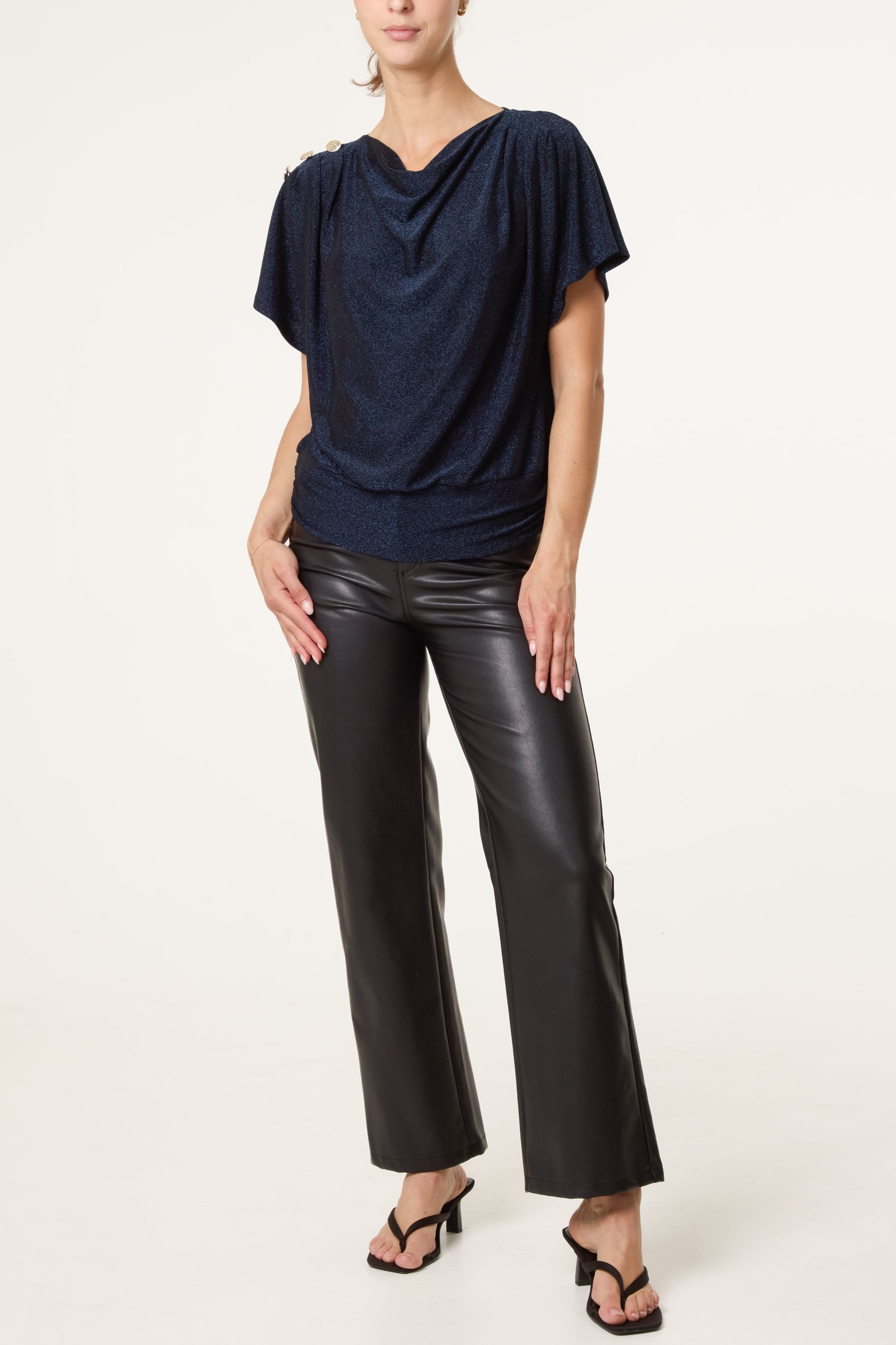 Gold Button Detail Cowl Neck Top
