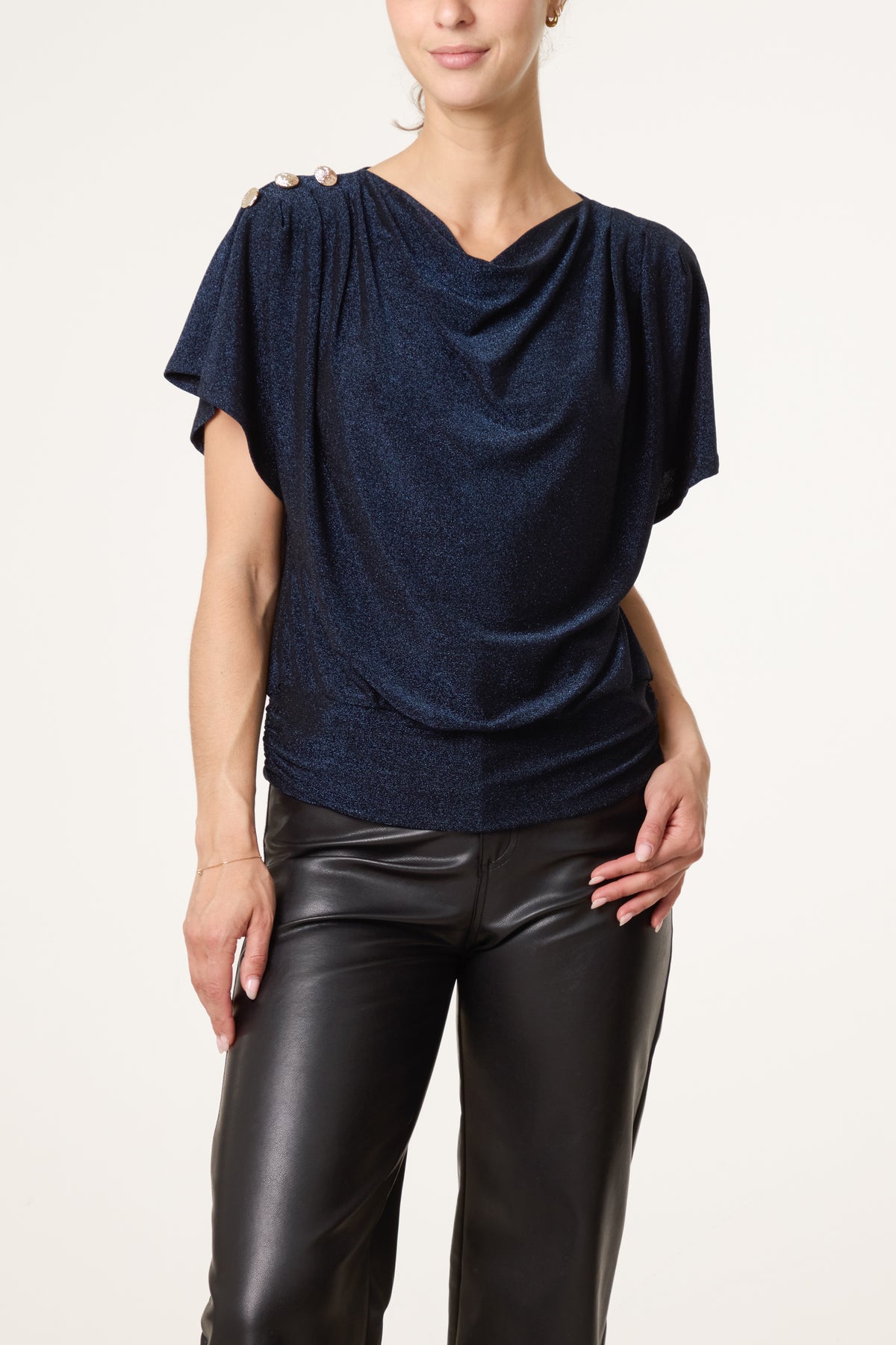 Gold Button Detail Cowl Neck Top