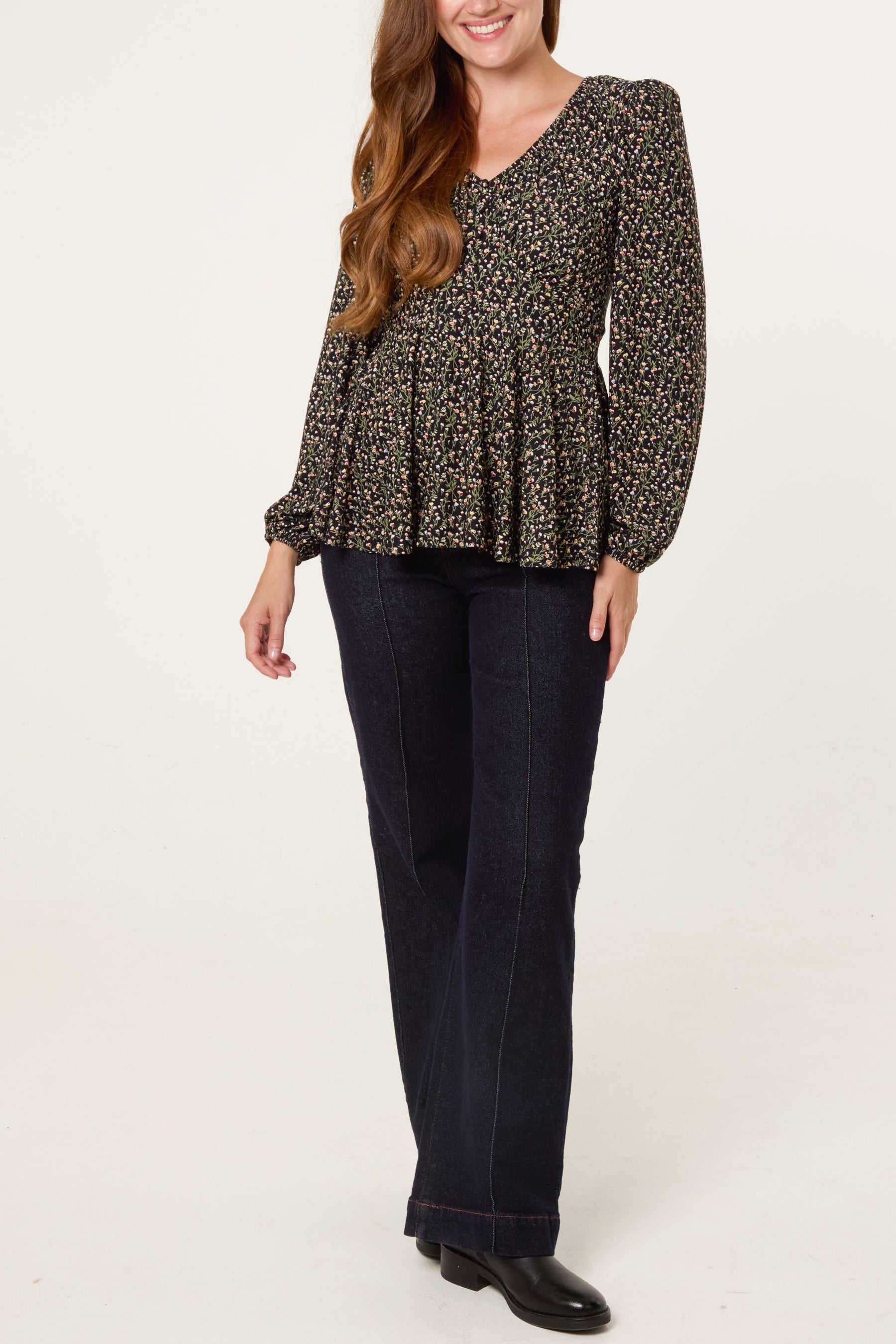 Ditsy Floral Peplum Long Sleeve Blouse