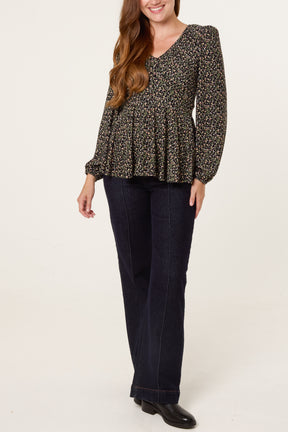 Ditsy Floral Peplum Long Sleeve Blouse