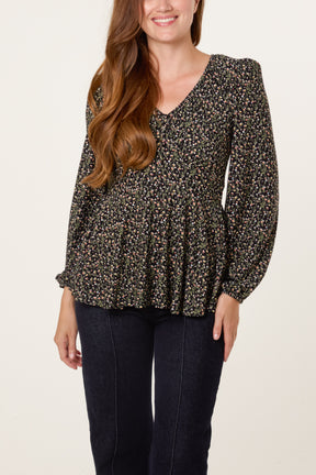 Ditsy Floral Peplum Long Sleeve Blouse