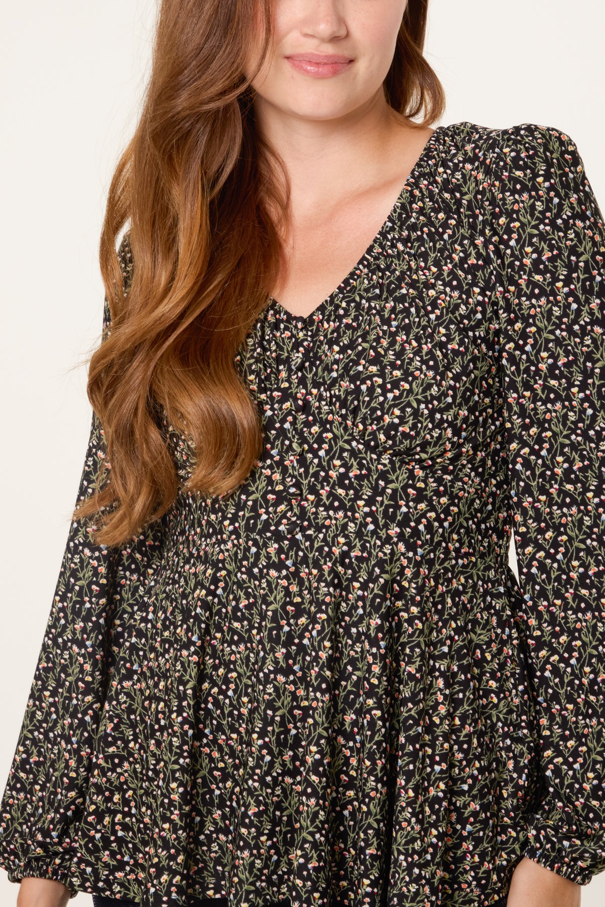 Ditsy Floral Peplum Long Sleeve Blouse