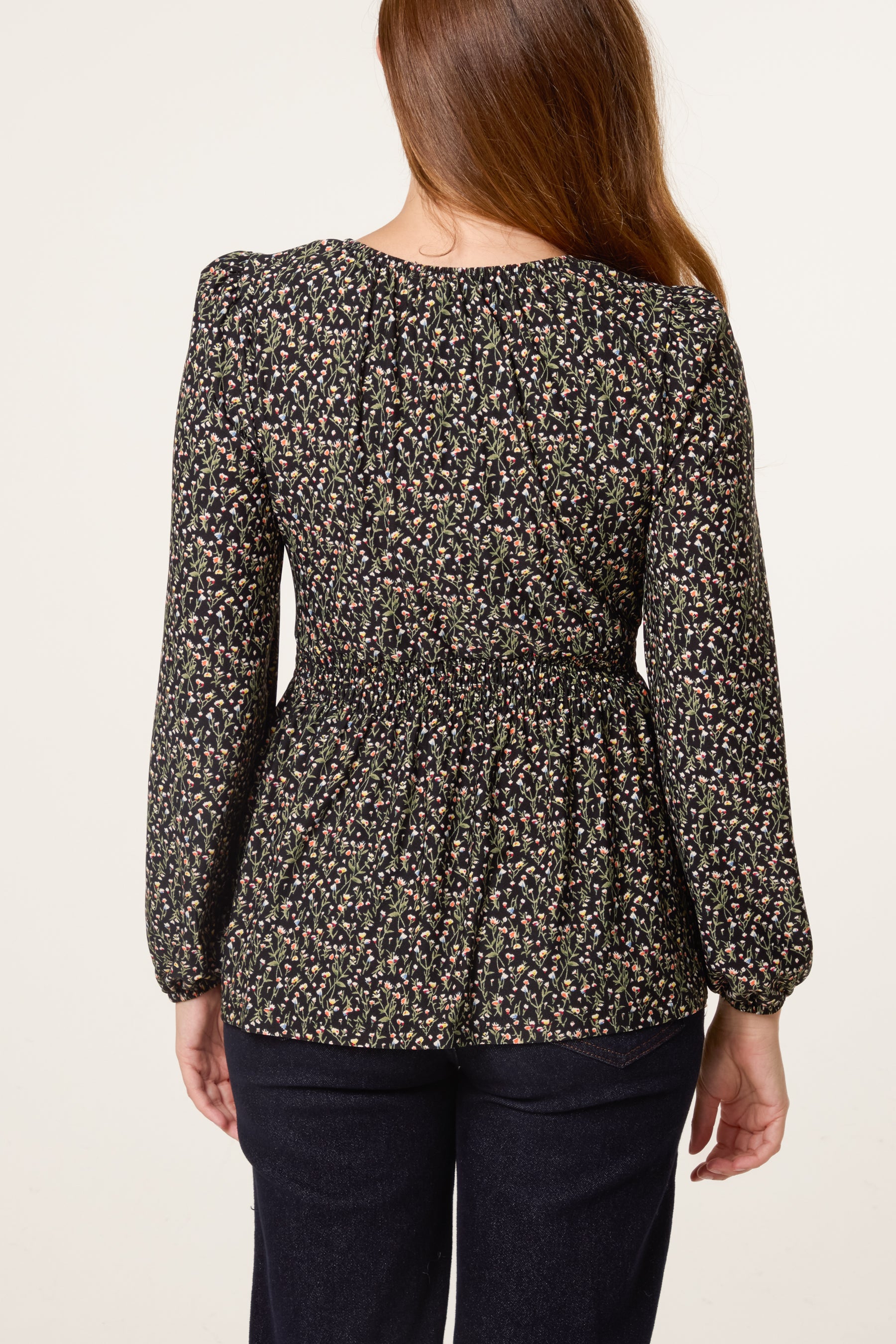 Ditsy Floral Peplum Long Sleeve Blouse