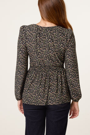 Ditsy Floral Peplum Long Sleeve Blouse