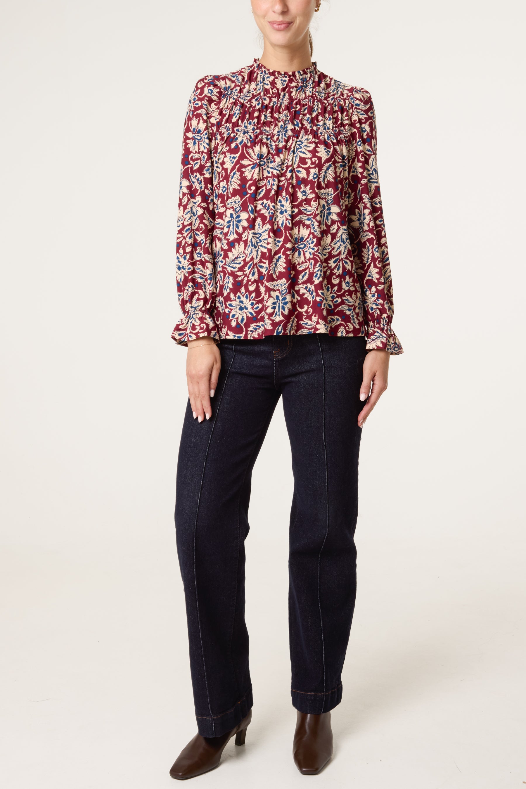 Floral Frilled Neck Smock Top