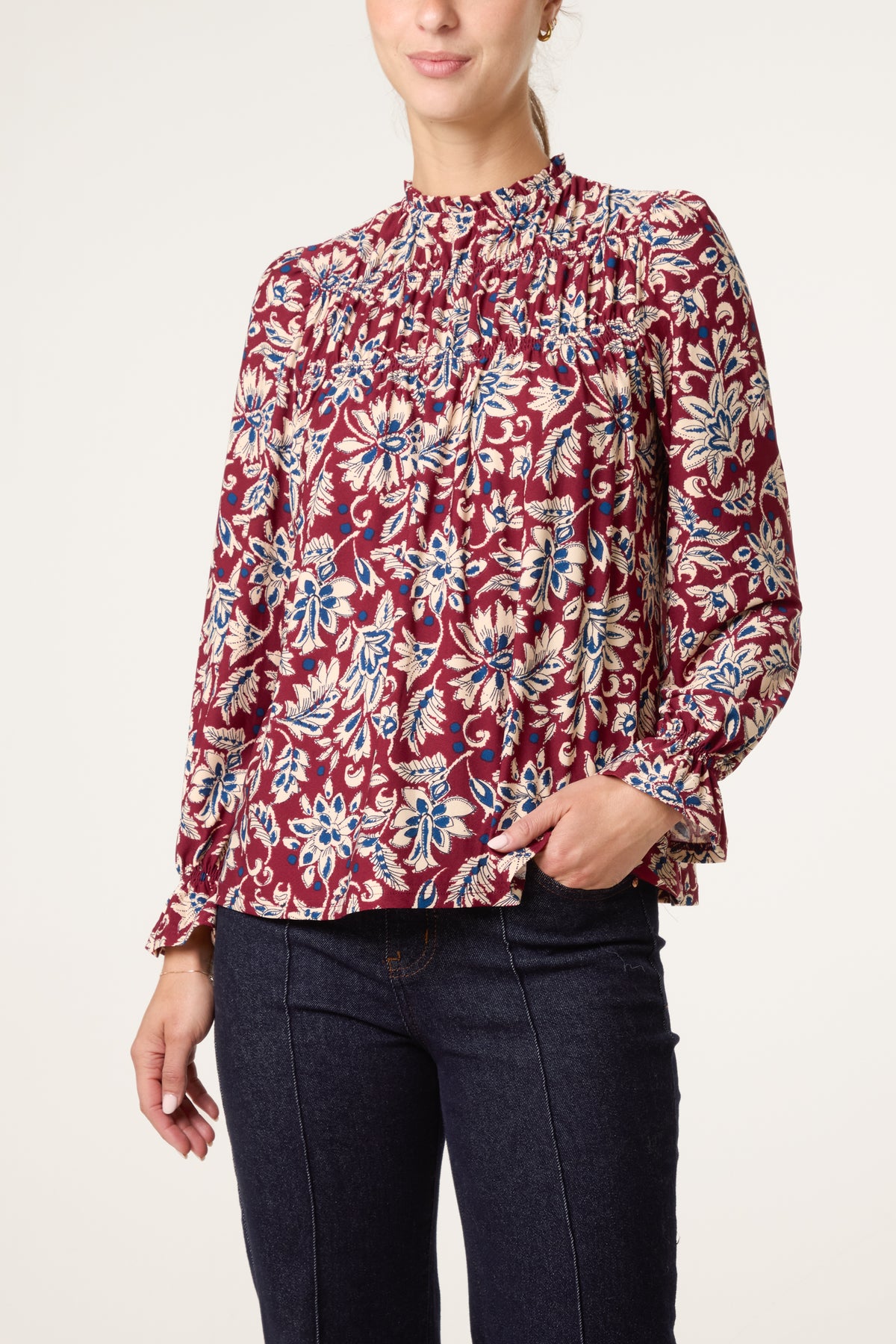 Floral Frilled Neck Smock Top