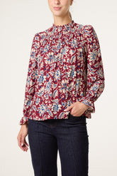 Floral Frilled Neck Smock Top