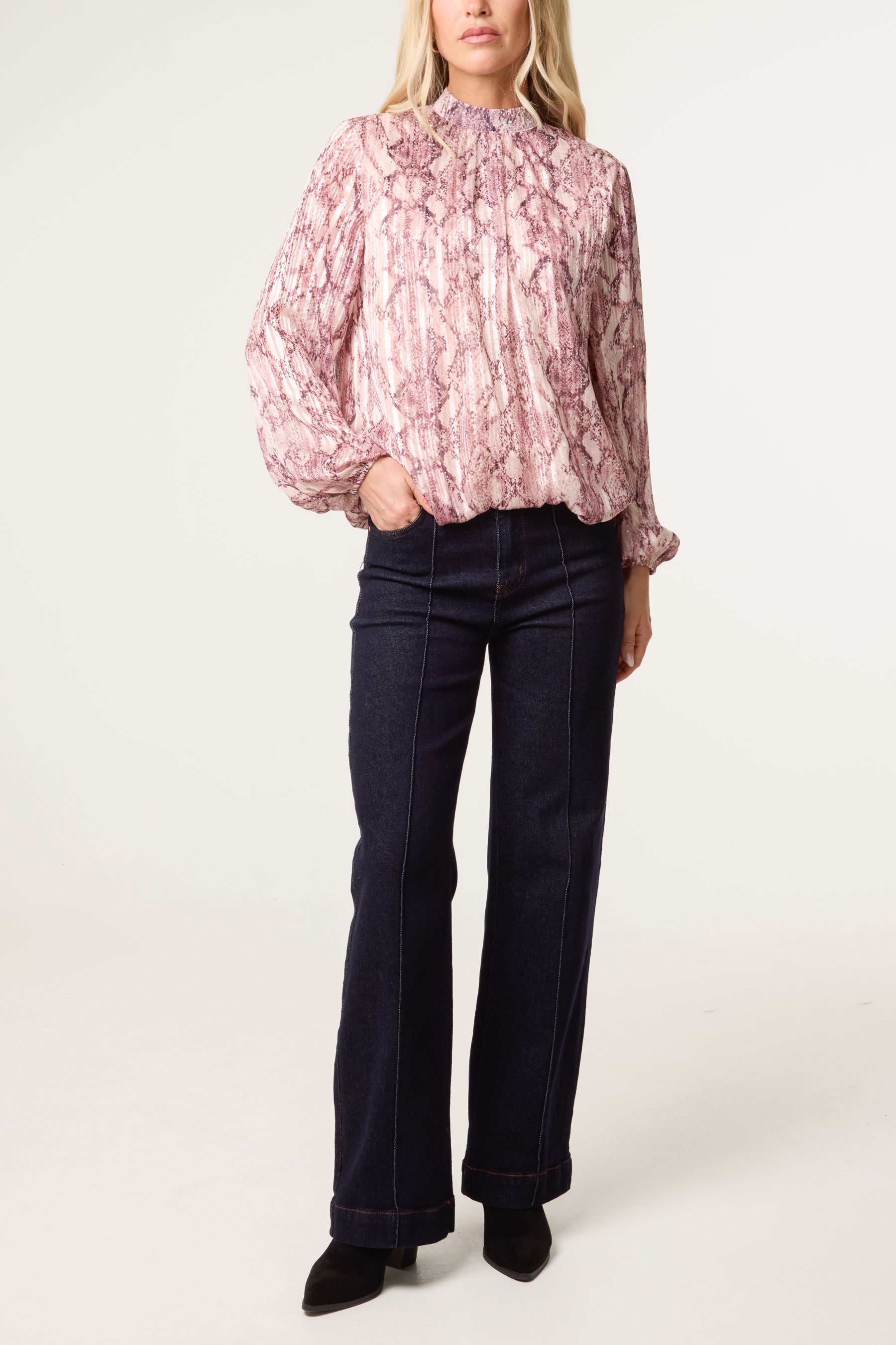 Rhinestone Snake High Neck Puff Ball Blouse