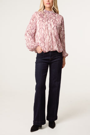 Rhinestone Snake High Neck Puff Ball Blouse
