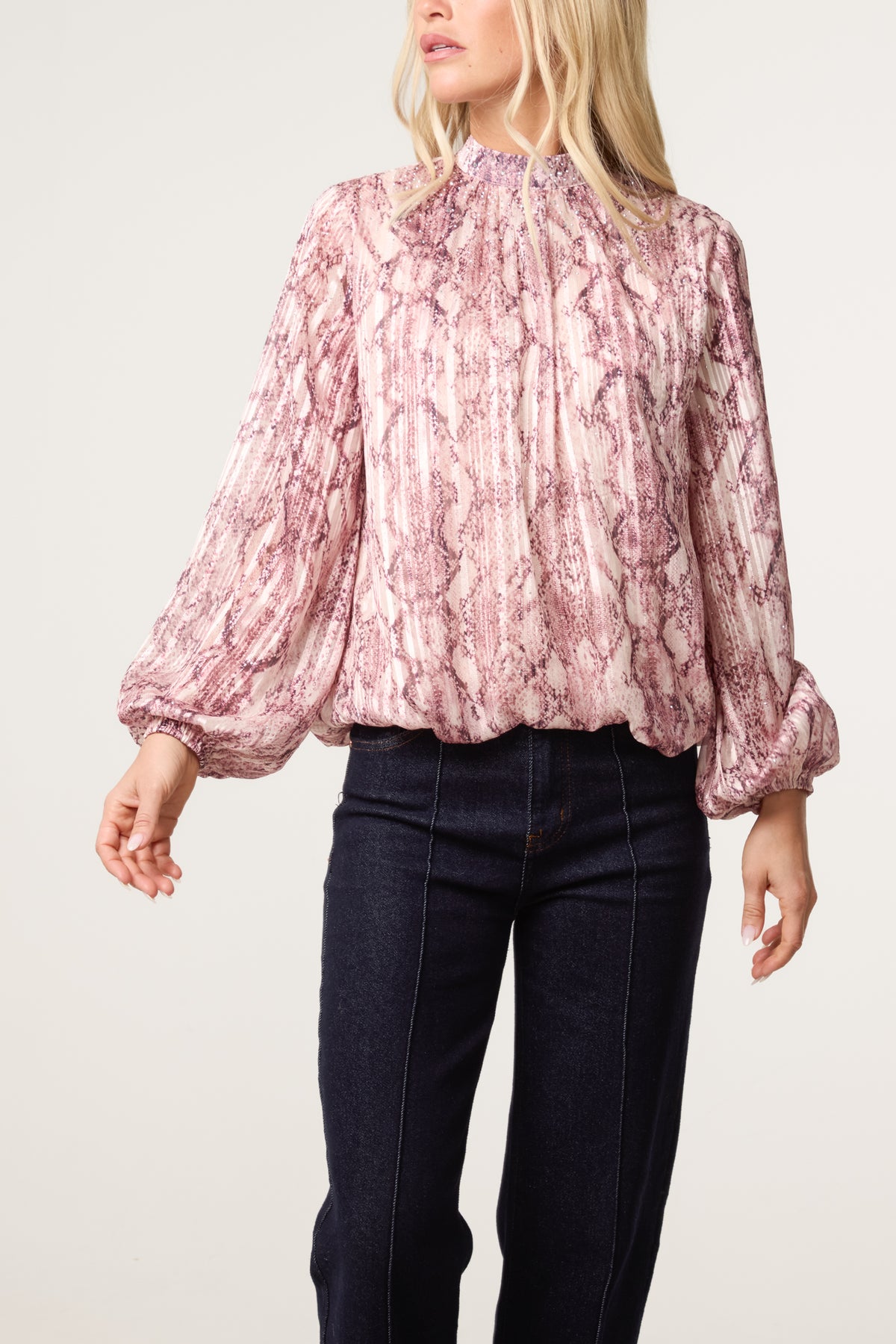 Rhinestone Snake High Neck Puff Ball Blouse