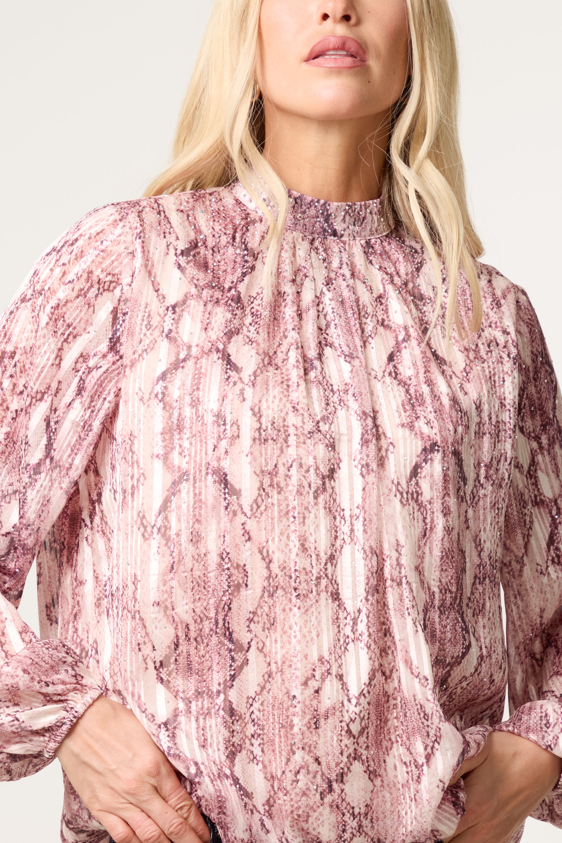 Rhinestone Snake High Neck Puff Ball Blouse