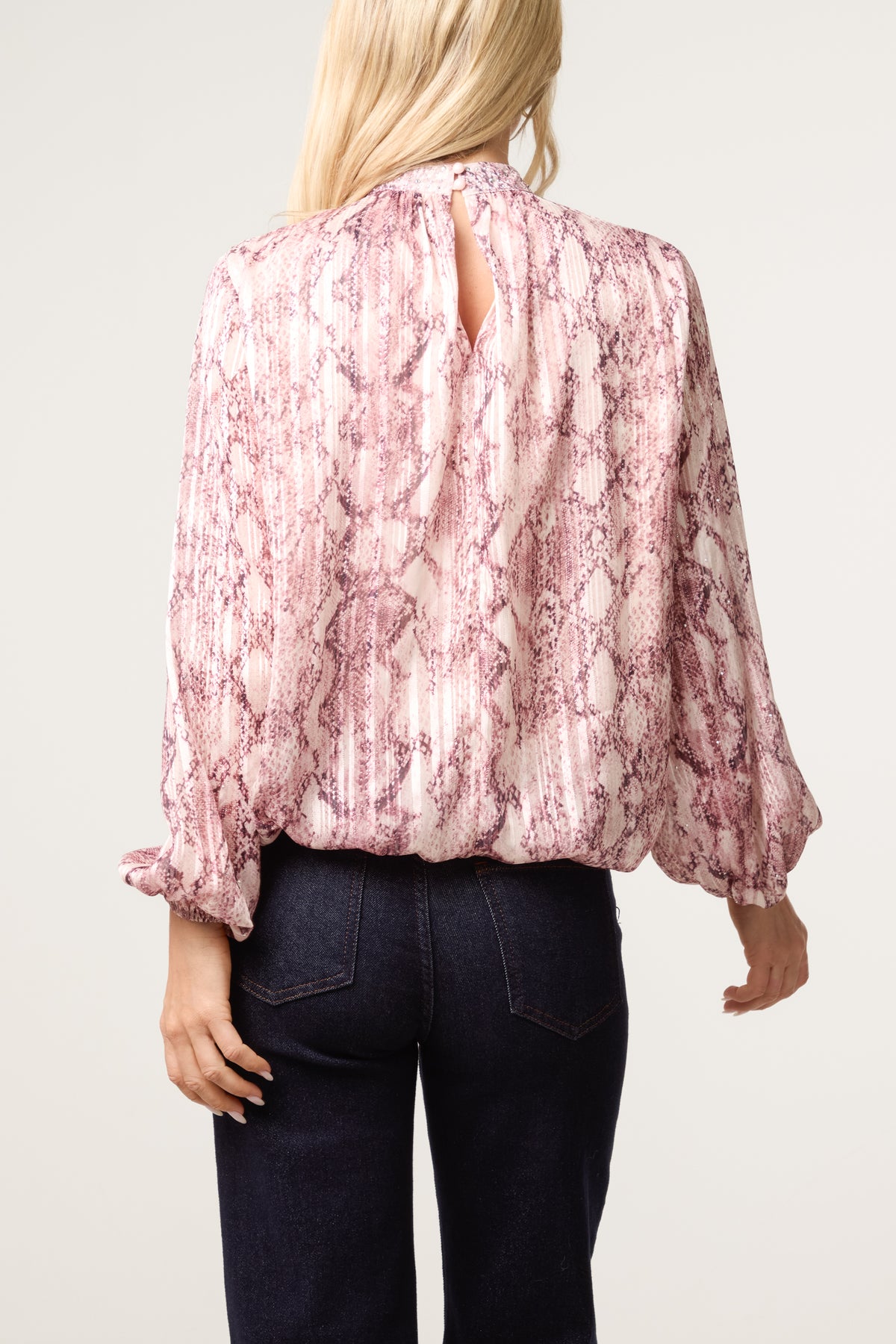 Rhinestone Snake High Neck Puff Ball Blouse