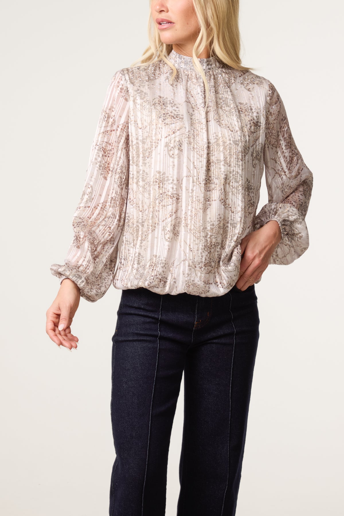 Rhinestone Butterfly Puff Ball Blouse
