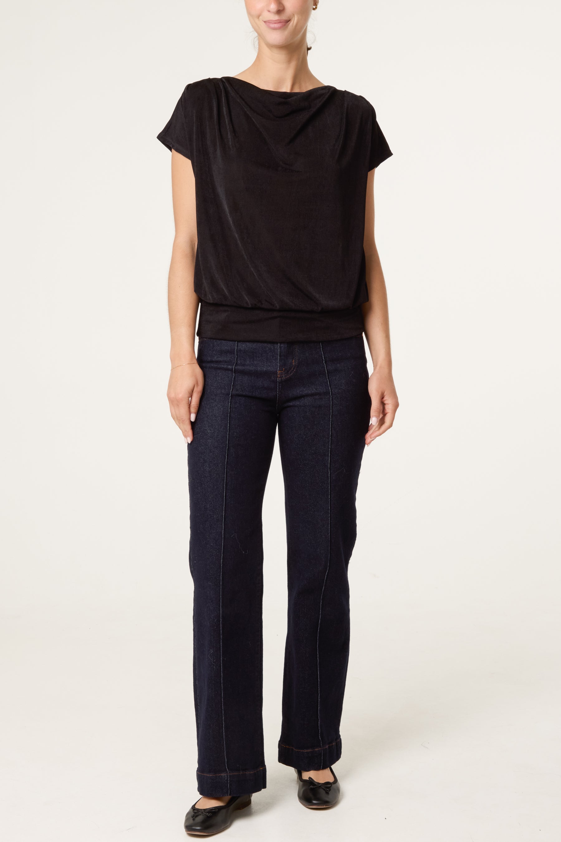 Metallic Draped Cowl Neck Hem Top