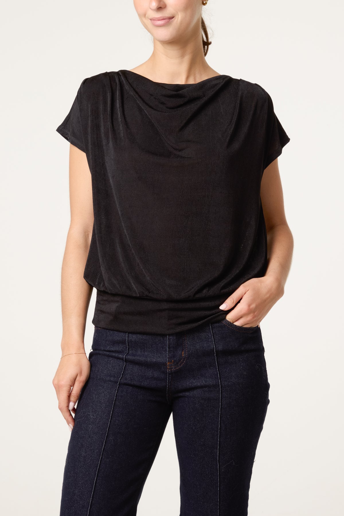 Metallic Draped Cowl Neck Hem Top