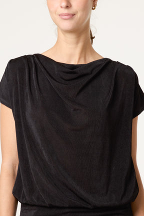 Metallic Draped Cowl Neck Hem Top