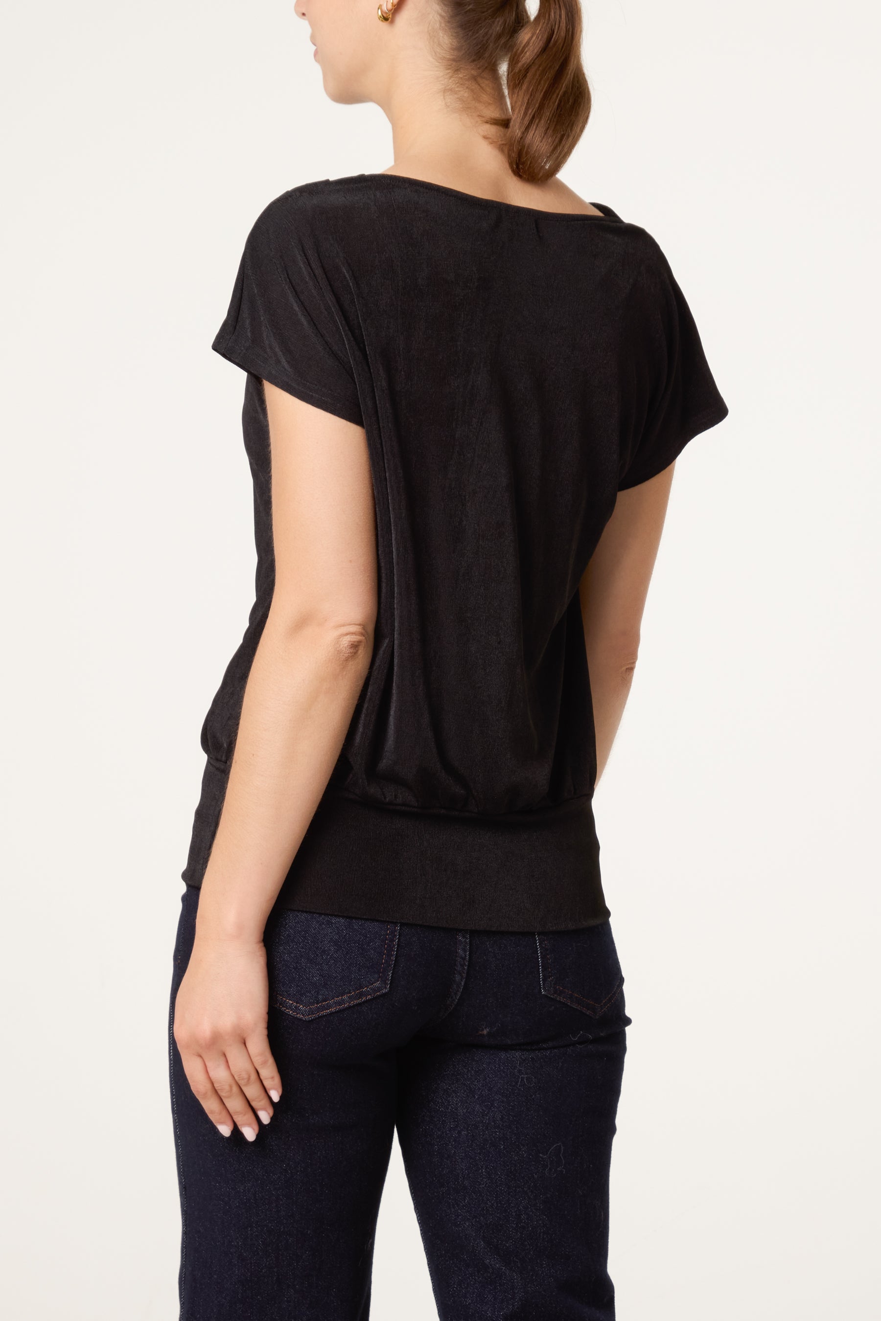 Metallic Draped Cowl Neck Hem Top