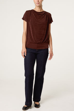 Metallic Draped Cowl Neck Hem Top