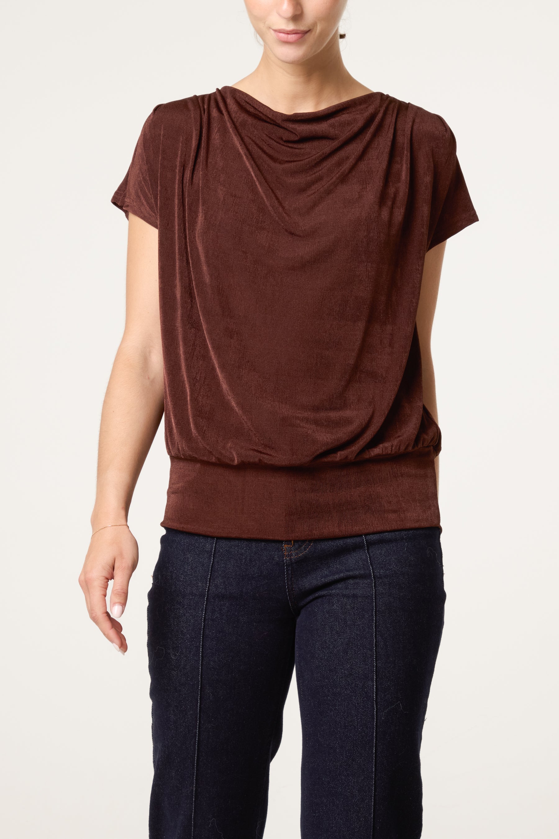 Metallic Draped Cowl Neck Hem Top