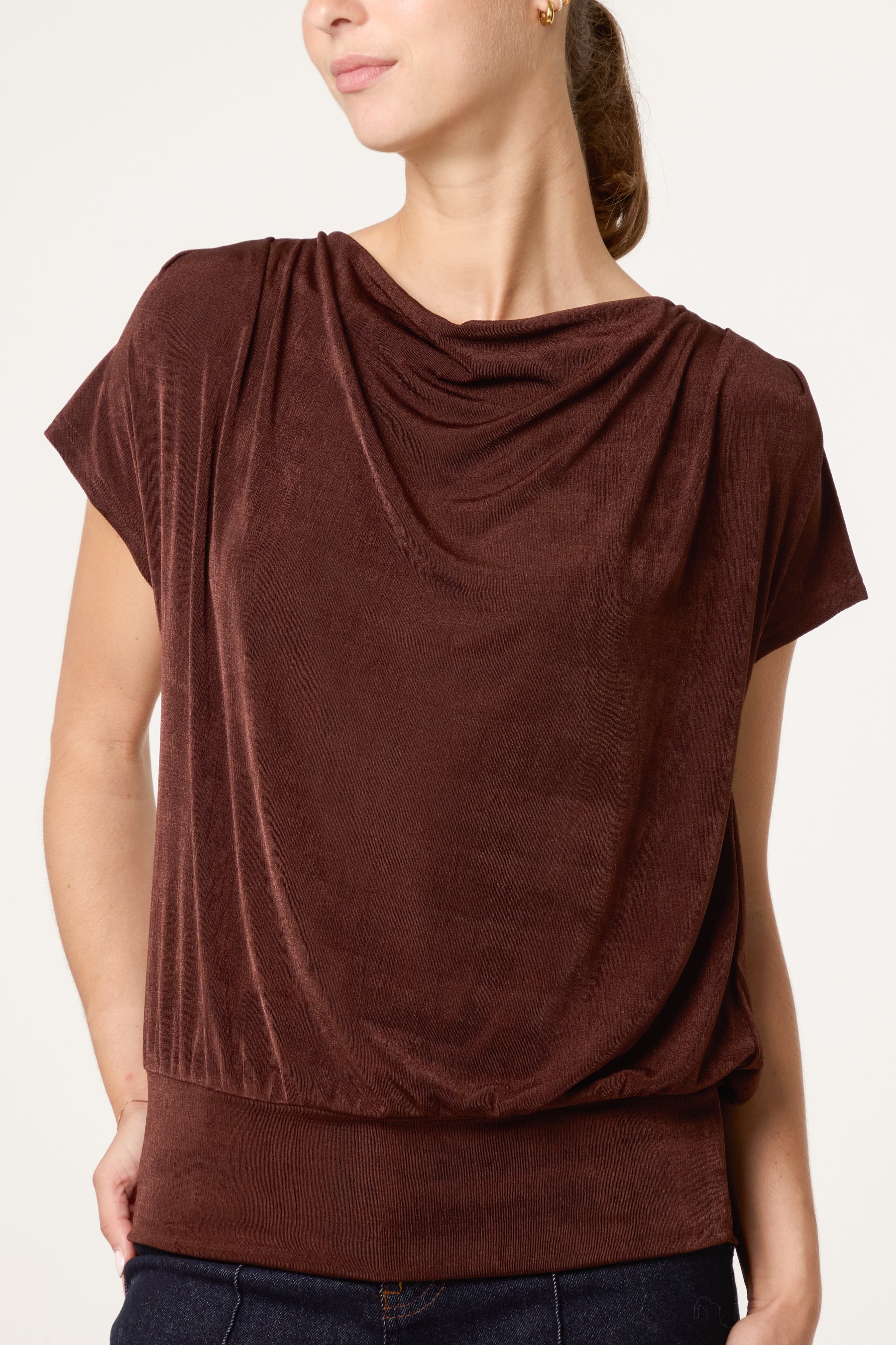Metallic Draped Cowl Neck Hem Top