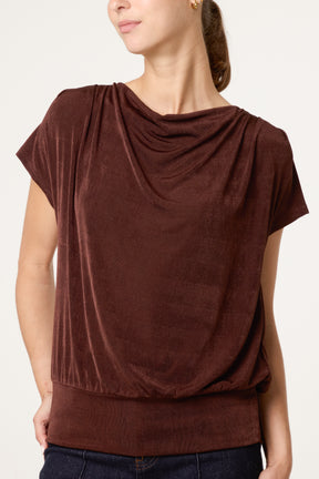 Metallic Draped Cowl Neck Hem Top