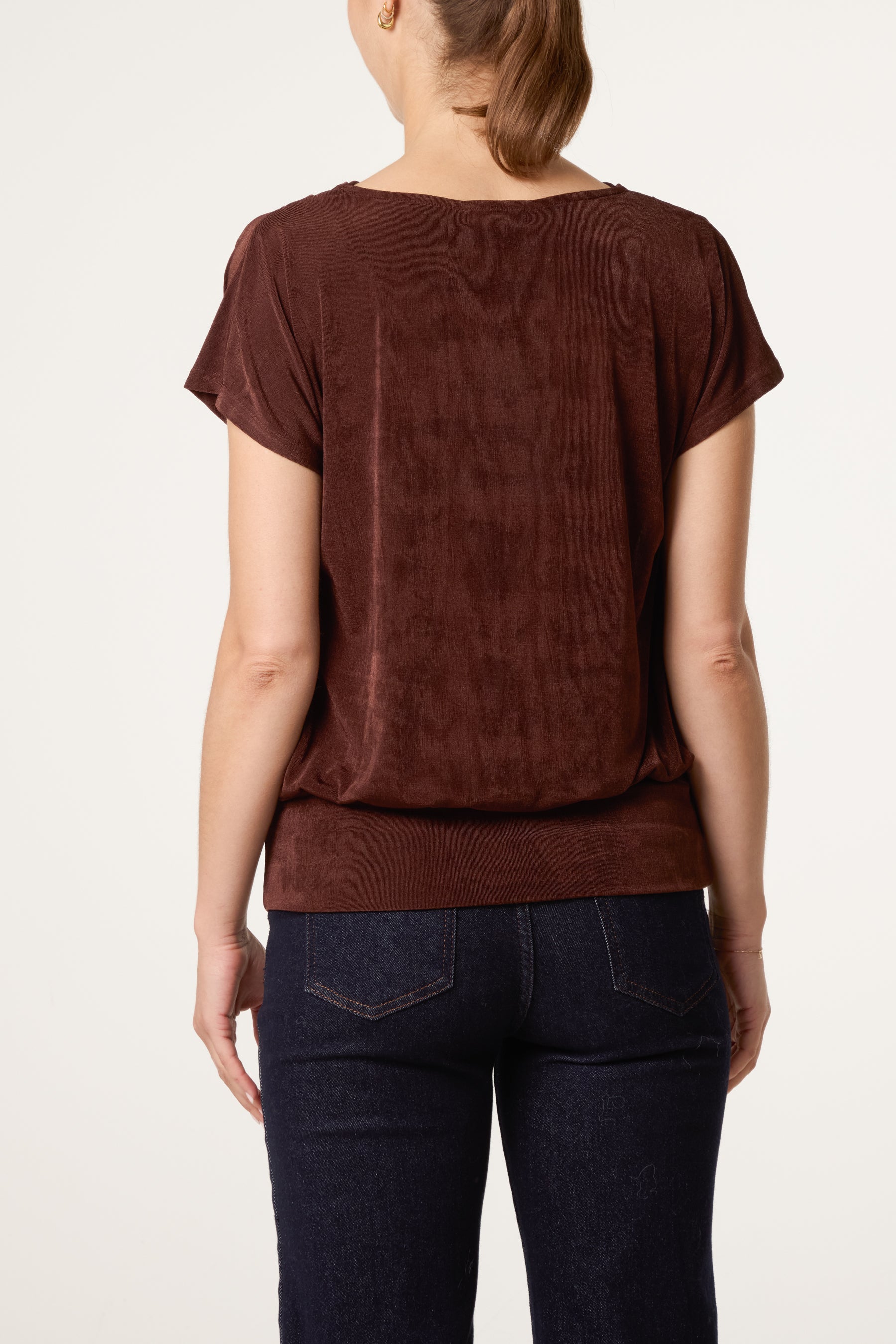 Metallic Draped Cowl Neck Hem Top