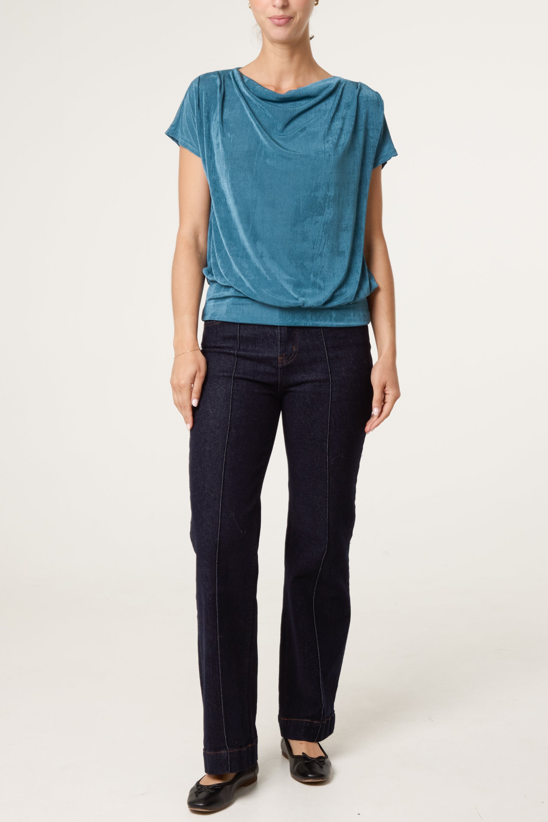 Metallic Draped Cowl Neck Hem Top