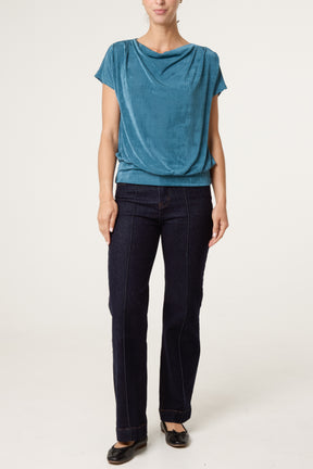 Metallic Draped Cowl Neck Hem Top