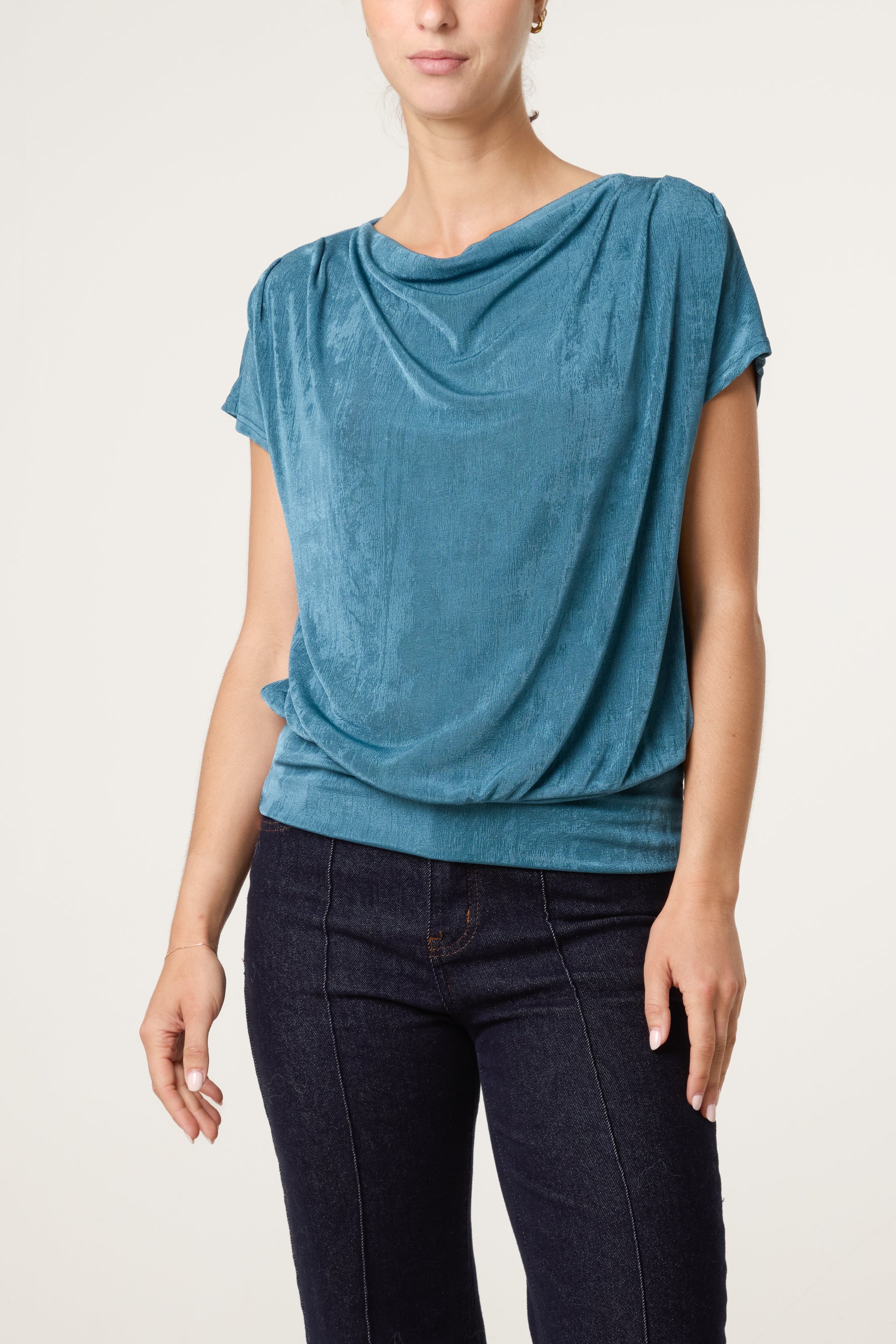 Metallic Draped Cowl Neck Hem Top