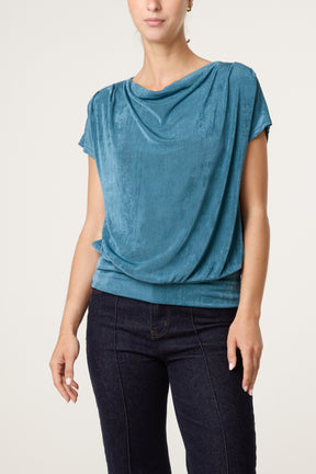 Metallic Draped Cowl Neck Hem Top
