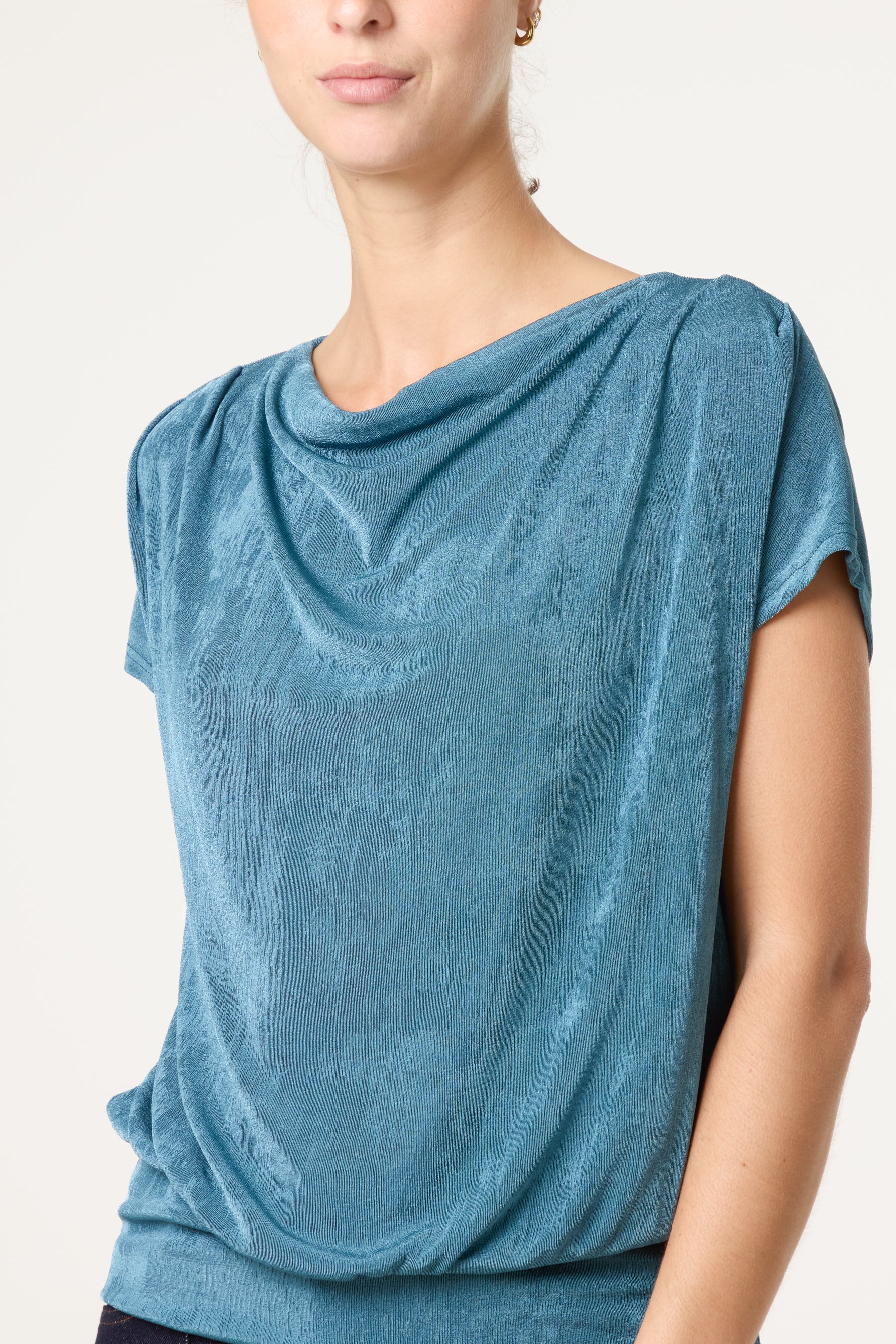 Metallic Draped Cowl Neck Hem Top