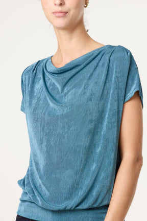 Metallic Draped Cowl Neck Hem Top